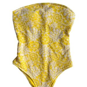 Aerie Yellow Floral Strapless One Piece Bathing Suit Size Large Bandeau